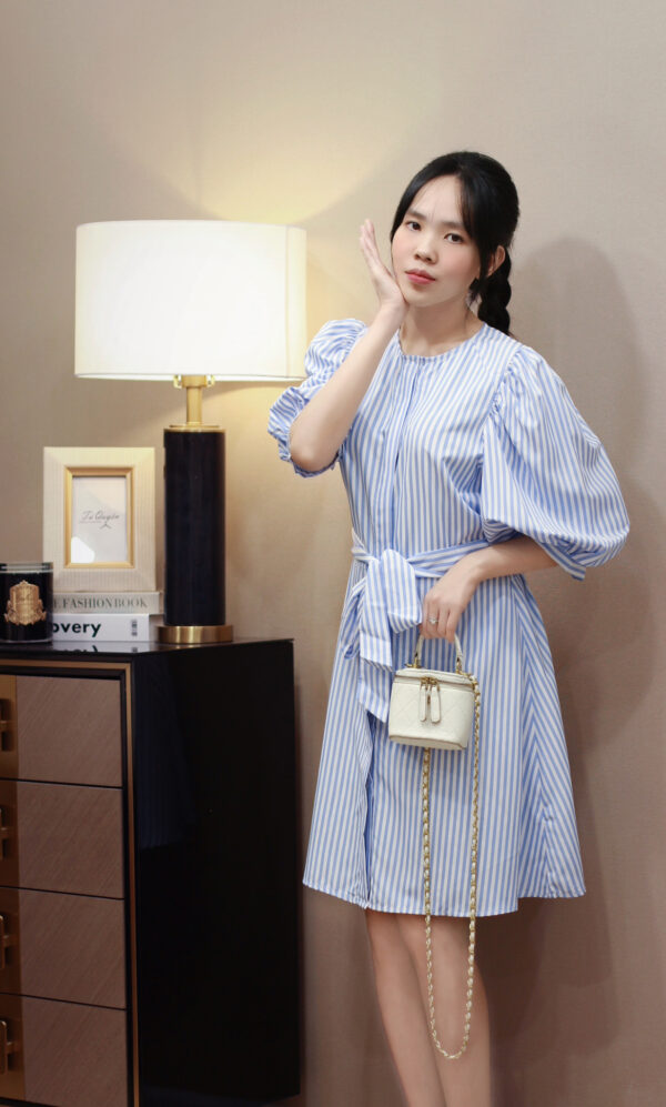 Váy xòe kẻ sọc cổ tròn chiết eo - Hình ảnh 2