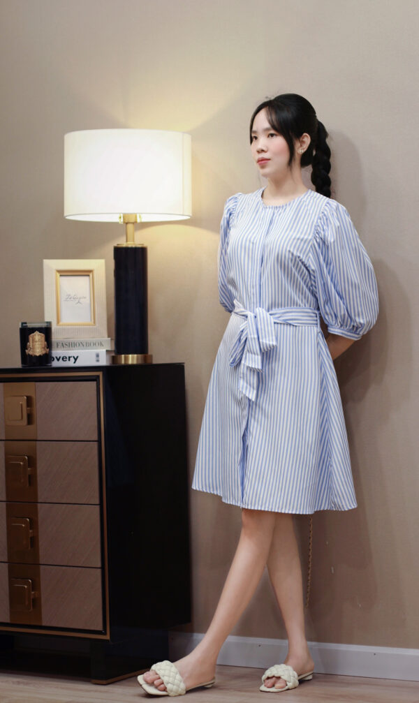 Váy xòe kẻ sọc cổ tròn chiết eo - Hình ảnh 3