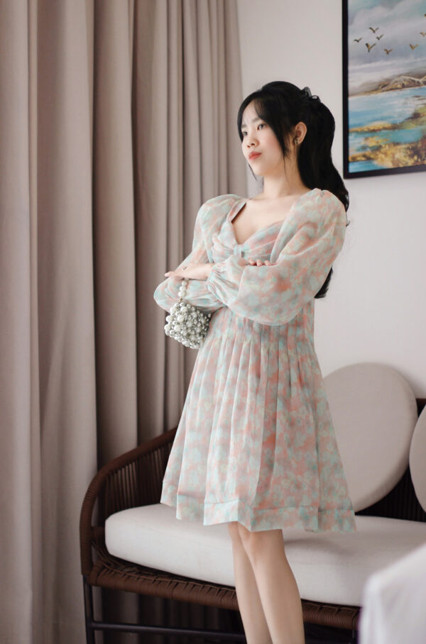 Váy Xòe Voan Hoa Cổ Vuông Cúp Ngực Tay Dài Bo Chun Có Lót - Ảnh 5