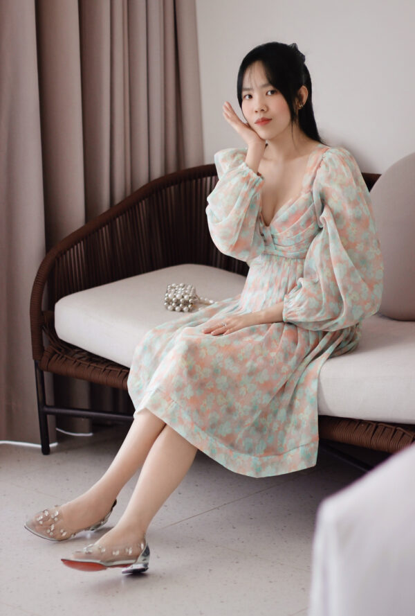 Váy Xòe Voan Hoa Cổ Vuông Cúp Ngực Tay Dài Bo Chun Có Lót - Ảnh 4