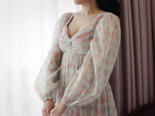 Váy Xòe Voan Hoa Cổ Vuông Cúp Ngực Tay Dài Bo Chun Có Lót - Ảnh 6