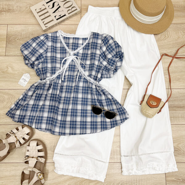 Áo Peplum Cổ Tim Caro Viền Ren Tay Ngắn Phồng Bo Chun - Hình ảnh 2