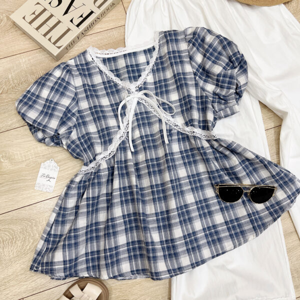 Áo Peplum Cổ Tim Caro Viền Ren Tay Ngắn Phồng Bo Chun - Hình ảnh 5