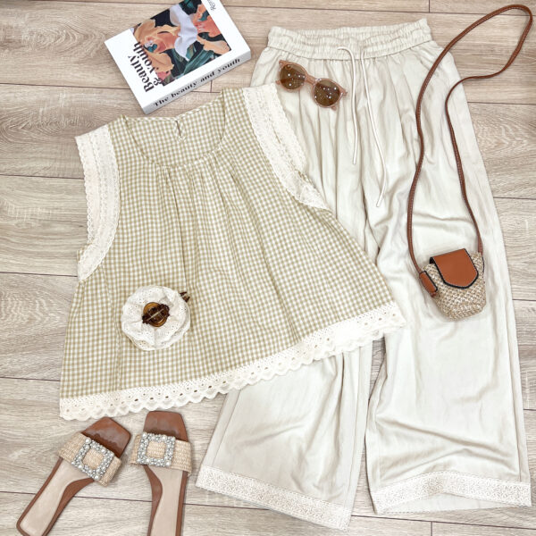 Áo Sơ Mi Nữ Cổ Tròn Caro Tay Sát Nách Viền Bèo Phong Cách Vintage - Hình ảnh 5