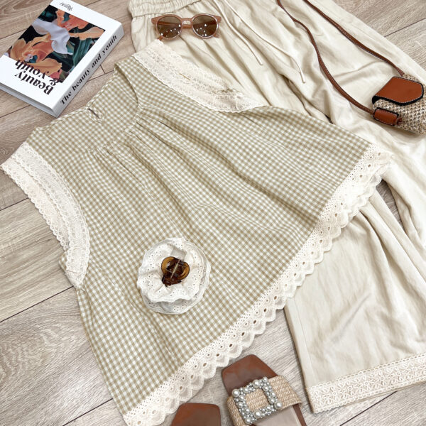 Áo Sơ Mi Nữ Cổ Tròn Caro Tay Sát Nách Viền Bèo Phong Cách Vintage - Hình ảnh 3