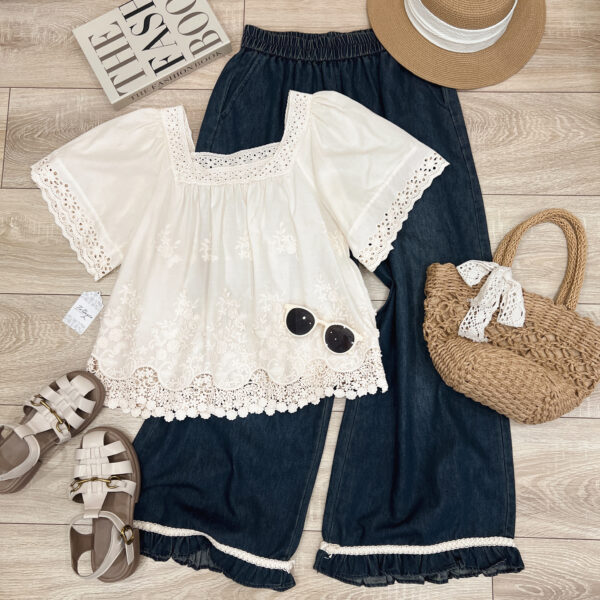 Áo Sơ Mi Kiểu Cổ Vuông Thêu Hoa Đục Lỗ Tay Ngắn Phong Cách Vintage - Hình ảnh 2
