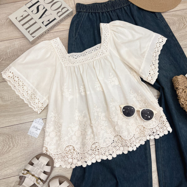Áo Sơ Mi Kiểu Cổ Vuông Thêu Hoa Đục Lỗ Tay Ngắn Phong Cách Vintage - Hình ảnh 3