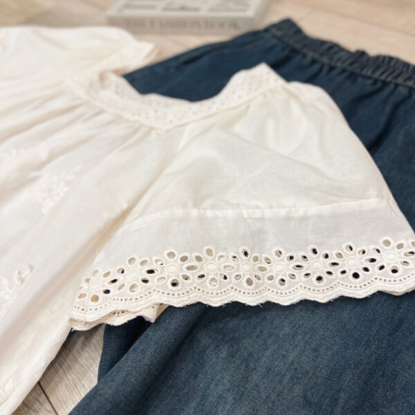 Áo Sơ Mi Kiểu Cổ Vuông Thêu Hoa Đục Lỗ Tay Ngắn Phong Cách Vintage - Hình ảnh 5