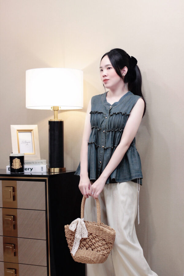 Áo Sơ Mi Jean Kiểu Phân Tầng Cài Nút Dọc Tay Sát Nách - Hình ảnh 5