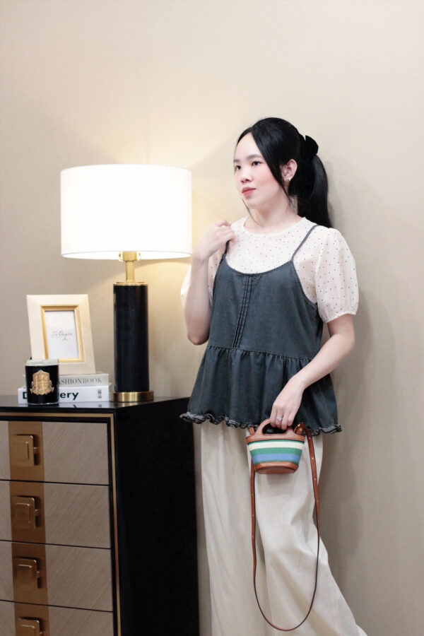 Áo Sơ Mi Nữ Cổ Tròn Chấm Bi Tay Ngắn Kèm Áo Jean Hai Dây Rời - Hình ảnh 5