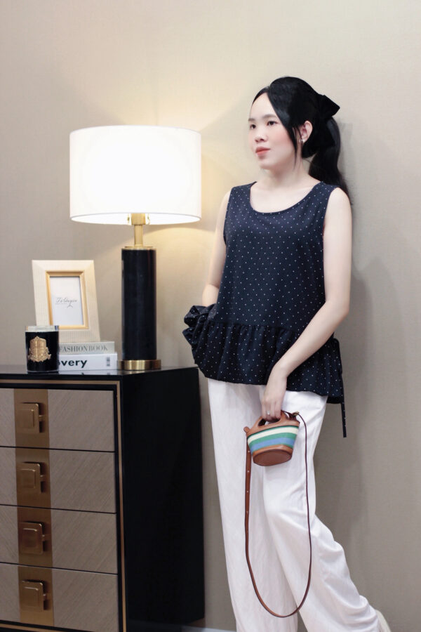 Áo Sơ Mi Chấm Bi Cổ Tròn Thắt Nơ Sát Nách - Phong Cách Thanh Lịch, Chất Liệu Thô Thoáng Mát - Hình ảnh 2