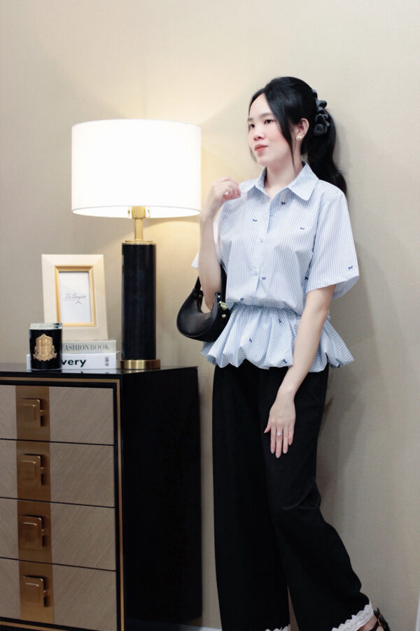 Áo Sơ Mi Kẻ Sọc Hình Nơ Nhí Form Bí Có Chun Thanh Lịch - Hình ảnh 5