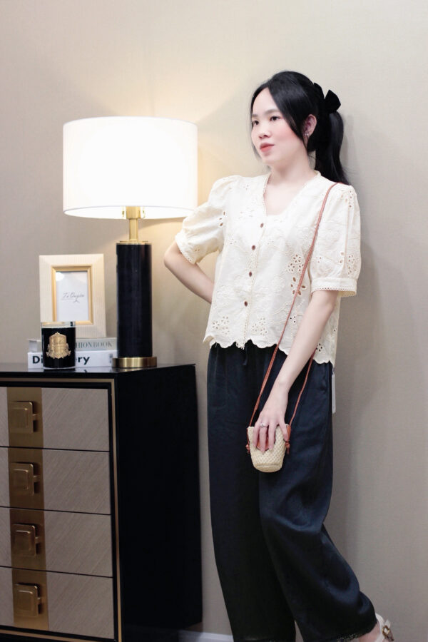Áo Sơ Mi Nữ Cổ V Tay Ngắn Thêu Hoa Điệu Đà - Phong Cách Thanh Lịch, Chất Liệu Thô Thoáng Mát - Hình ảnh 5