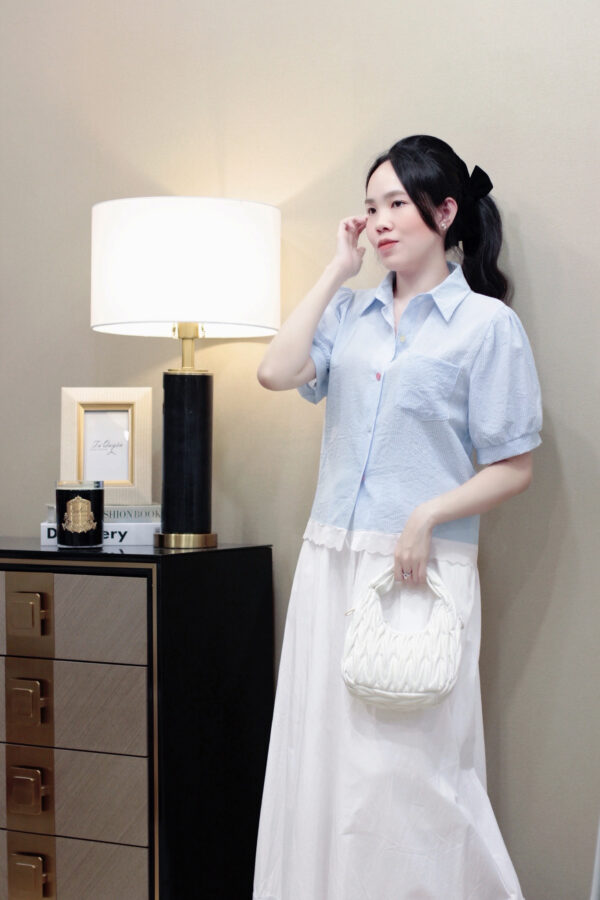 Áo Sơ Mi Sọc Viền Ren Tay Ngắn Phồng Croptop Thô Đi Chơi Du Lịch - Ảnh 10