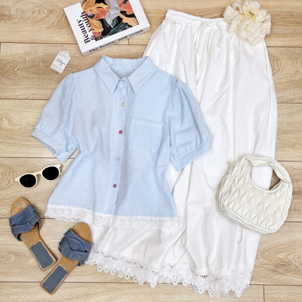 Áo Sơ Mi Sọc Viền Ren Tay Ngắn Phồng Croptop Thô Đi Chơi Du Lịch - Ảnh 7