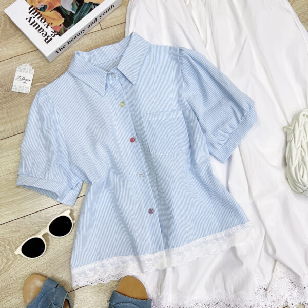 Áo Sơ Mi Sọc Viền Ren Tay Ngắn Phồng Croptop Thô Đi Chơi Du Lịch - Ảnh 8