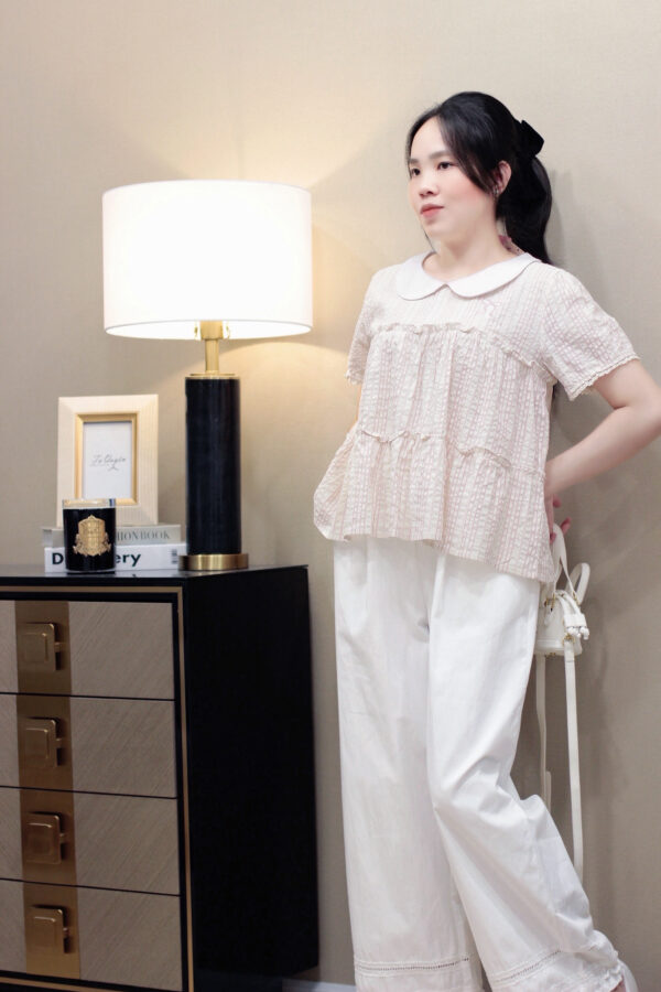Áo Sơ Mi Croptop Cổ Sen Tay Ngắn Kẻ Sọc Phong Cách Thời Trang Nữ Đi Chơi Du Lịch - Hình ảnh 6