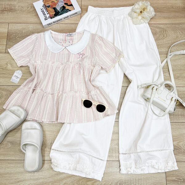Áo Sơ Mi Croptop Cổ Sen Tay Ngắn Kẻ Sọc Phong Cách Thời Trang Nữ Đi Chơi Du Lịch - Hình ảnh 2