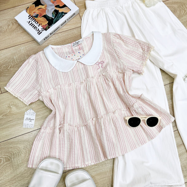 Áo Sơ Mi Croptop Cổ Sen Tay Ngắn Kẻ Sọc Phong Cách Thời Trang Nữ Đi Chơi Du Lịch - Hình ảnh 3