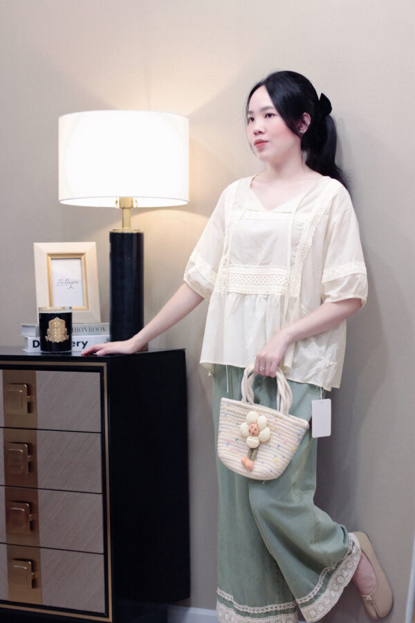 Áo sơ mi kiểu cổ tròn cột nơ viền ren tay bo ngắn - Phong cách thanh lịch, chất liệu thô thoáng mát - Ảnh 6