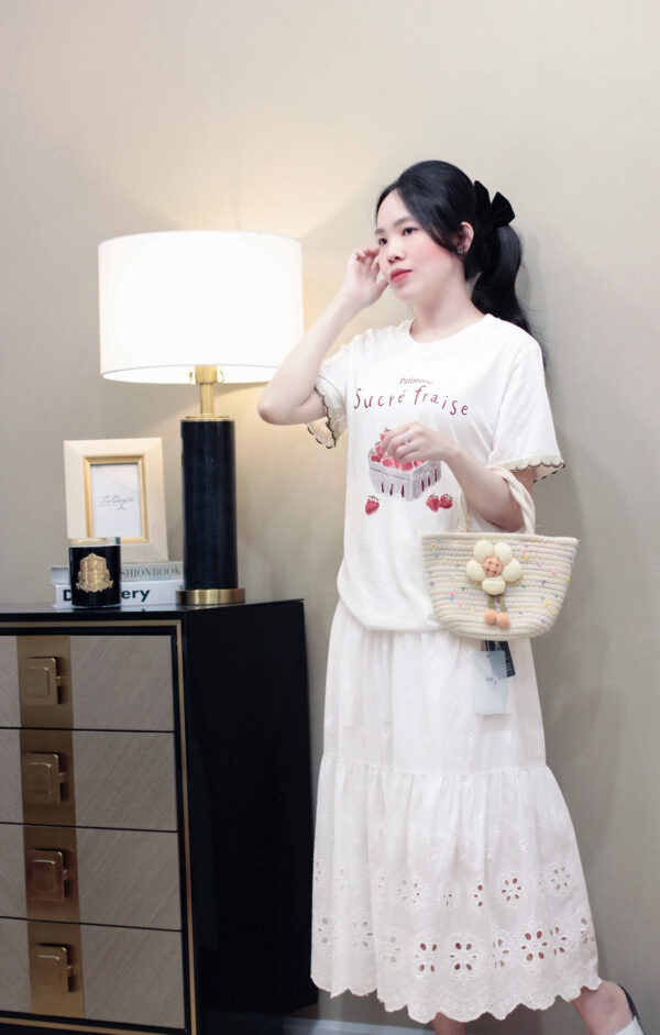 Áo Thun Nữ Cổ Tròn In Hình Dâu Tây Viền Ren Ngắn Tay Thời Trang Dạo Phố - Hình ảnh 6