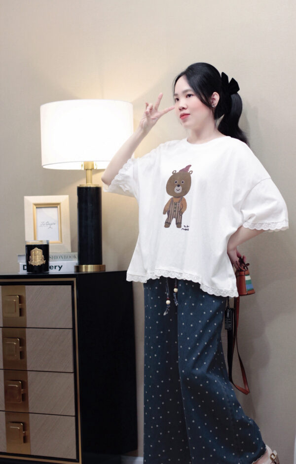 Áo Thun Cổ Tròn In Hình Gấu Tay Ngắn Viền Ren Nữ Tính - Phong Cách Daily, Đi Chơi - Hình ảnh 6