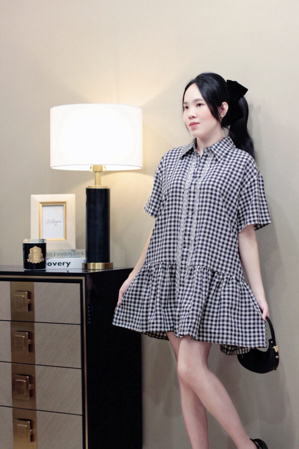 Áo Váy Caro Cổ Sơ Mi Phối Ren Đuôi Cá Thô Tay Ngắn Đi Chơi - Ảnh 5