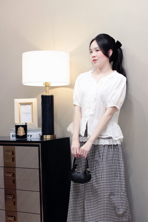 Set áo peplum cổ tim viền bèo tay ngắn bo chun và chân váy dài caro lưng thun - Hình ảnh 5