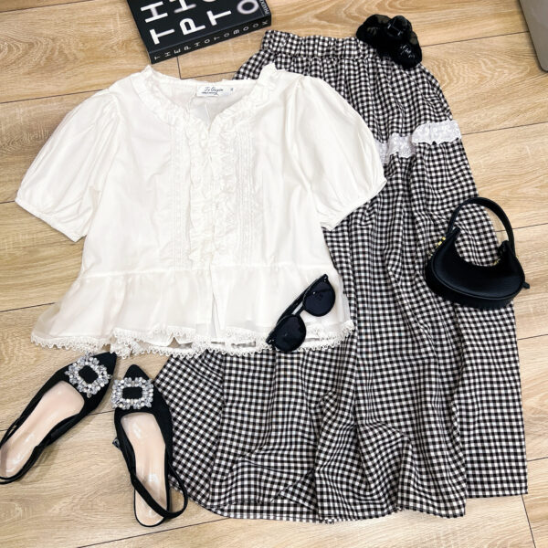 Set áo peplum cổ tim viền bèo tay ngắn bo chun và chân váy dài caro lưng thun - Hình ảnh 4