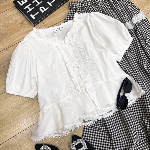 Set áo peplum cổ tim viền bèo tay ngắn bo chun và chân váy dài caro lưng thun - Hình ảnh 2