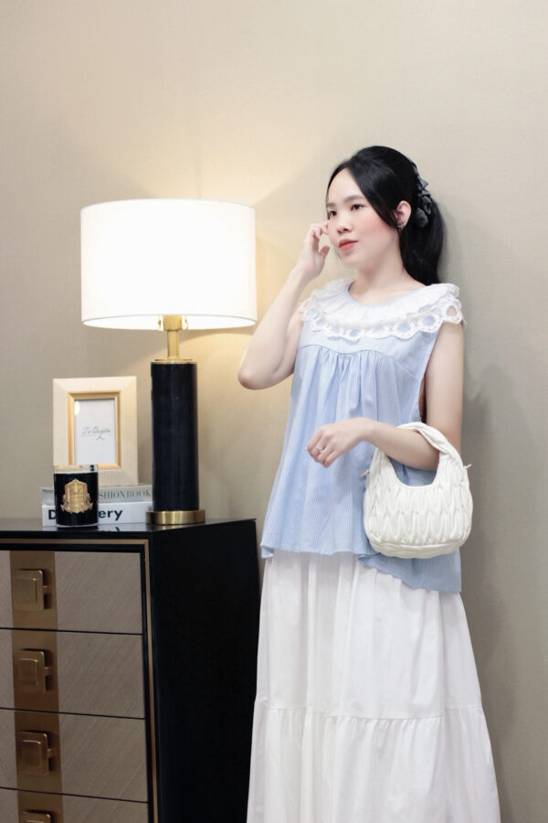Set áo váy nữ kẻ sọc sát nách, chân váy dài lưng thun xếp tầng có lót phong cách trẻ trung - Ảnh 5