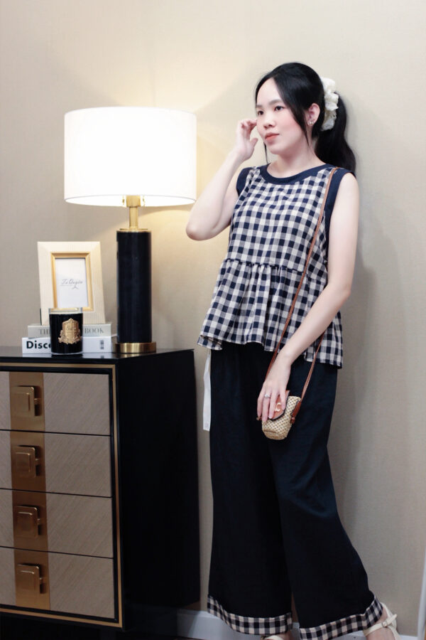 Set Áo Kiểu Sát Nách Caro Quần Dài Lưng Thun Túi 2 Bên - Phong Cách Casual, Chất Liệu Thô Thoáng Mát - Hình ảnh 5