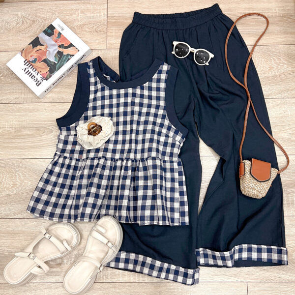 Set Áo Kiểu Sát Nách Caro Quần Dài Lưng Thun Túi 2 Bên - Phong Cách Casual, Chất Liệu Thô Thoáng Mát - Hình ảnh 2