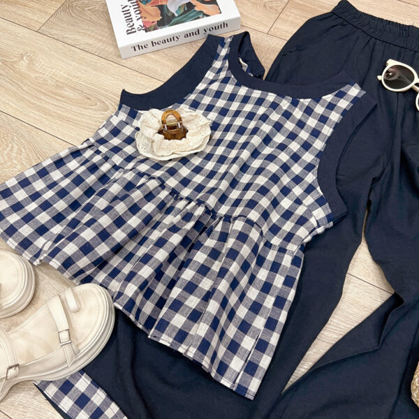 Set Áo Kiểu Sát Nách Caro Quần Dài Lưng Thun Túi 2 Bên - Phong Cách Casual, Chất Liệu Thô Thoáng Mát - Hình ảnh 6