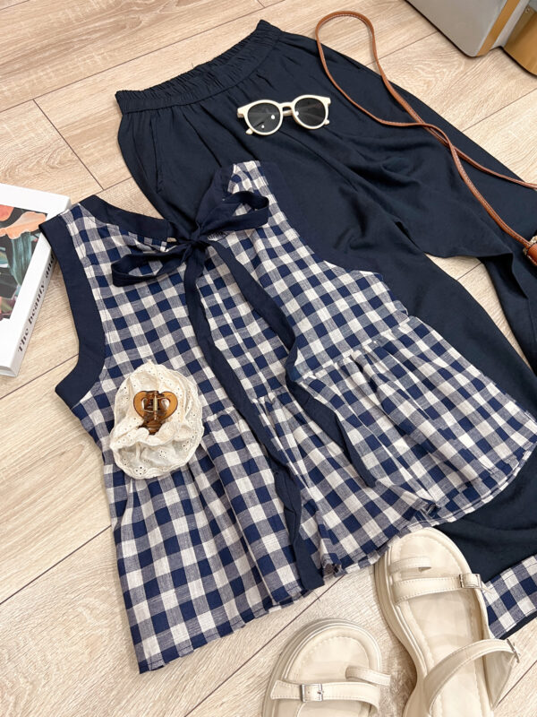 Set Áo Kiểu Sát Nách Caro Quần Dài Lưng Thun Túi 2 Bên - Phong Cách Casual, Chất Liệu Thô Thoáng Mát - Hình ảnh 3