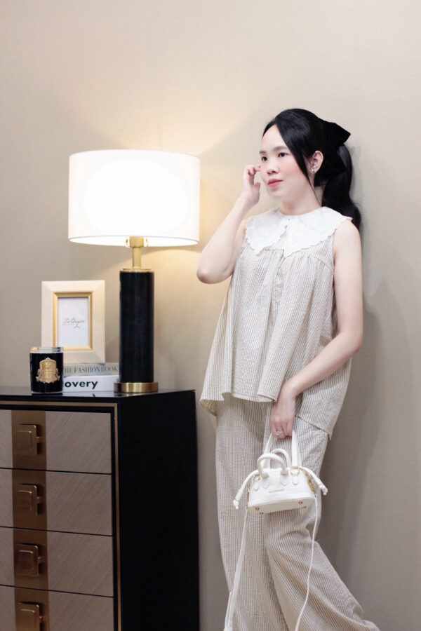 Set Áo Quần Nữ Cổ Sen Kẻ Sọc Tay Sát Nách, Quần Lưng Thun Đi Chơi - Ảnh 5