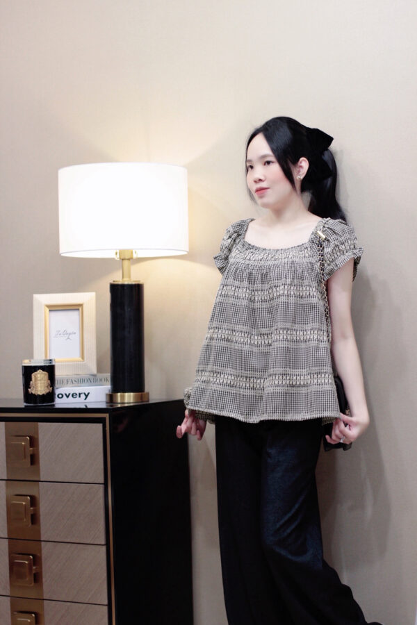 Set Áo Trễ Vai Caro Tay Ngắn Chun Phối Quần Lưng Khóa Kéo Túi Ren - Phong Cách Đi Chơi - Ảnh 2