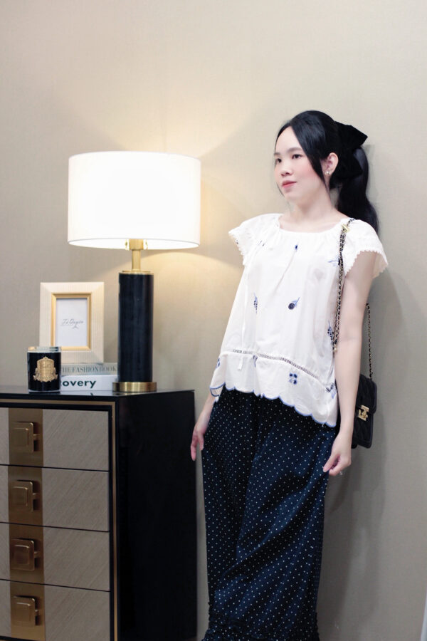Set Áo Cổ Rút Dây Thêu Hoa Tay Ngắn & Quần Lưng Thun Chấm Bi Túi Hai Bên - Hình ảnh 6