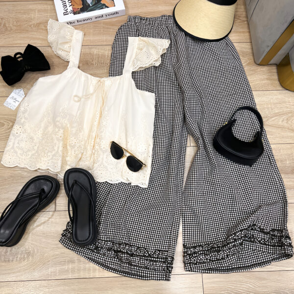 Set Áo Hai Dây Đục Lỗ + Quần Ca Rô Lưng Thun Túi Hai Bên Đi Chơi - Hình ảnh 5