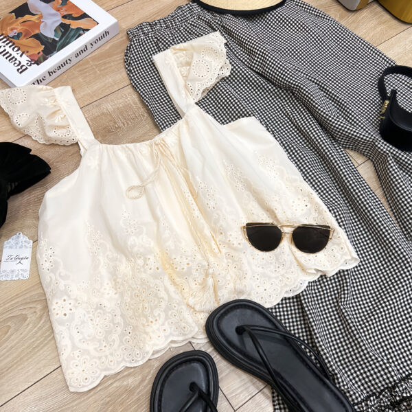Set Áo Hai Dây Đục Lỗ + Quần Ca Rô Lưng Thun Túi Hai Bên Đi Chơi - Hình ảnh 4