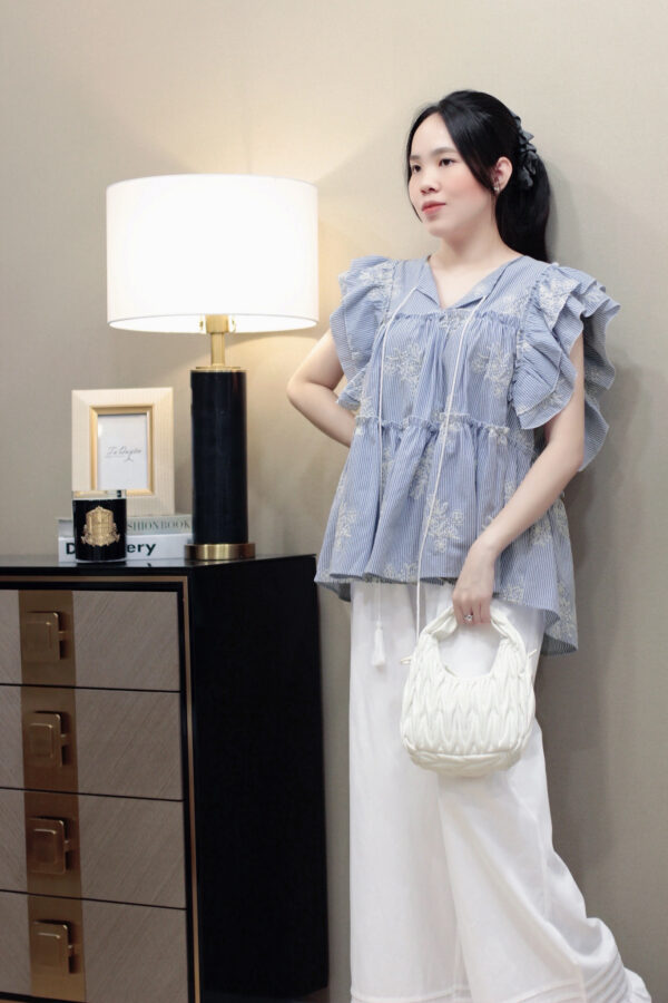 Set Áo Kẻ Sọc Thêu Hoa Tay Cánh Tiên Quần Suông Dài - Thoải Mái, Phong Cách - Hình ảnh 6