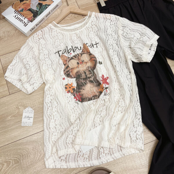 Áo ren cổ tròn in hình mèo tay ngắn - Ảnh 6