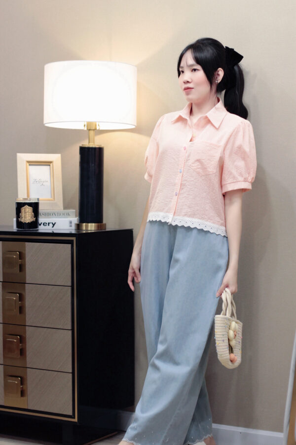 Áo Sơ Mi Sọc Viền Ren Tay Ngắn Phồng Croptop Thô Đi Chơi Du Lịch - Ảnh 5