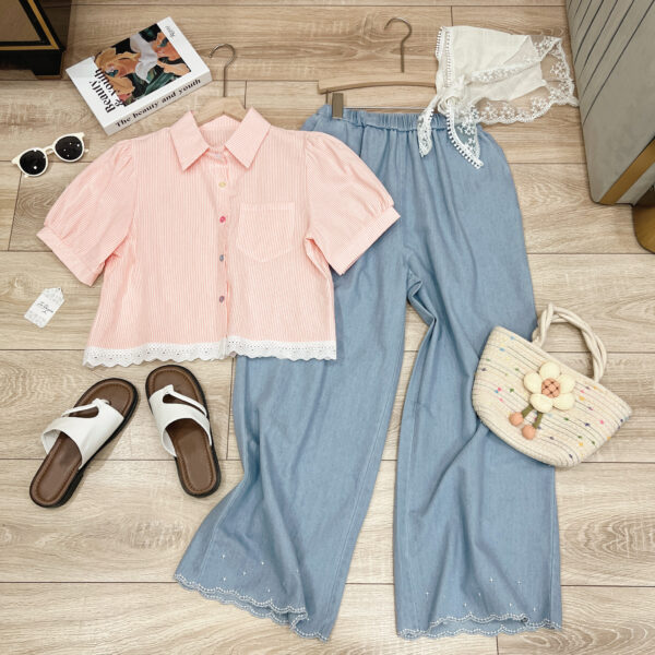 Áo Sơ Mi Sọc Viền Ren Tay Ngắn Phồng Croptop Thô Đi Chơi Du Lịch - Ảnh 3