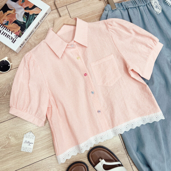 Áo Sơ Mi Sọc Viền Ren Tay Ngắn Phồng Croptop Thô Đi Chơi Du Lịch - Ảnh 6