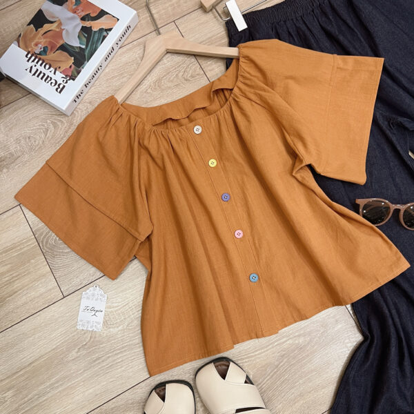 Áo Sơ Mi Cổ Thuyền Nút Dọc Tay Phồng Croptop Thô Trơn - Ảnh 5