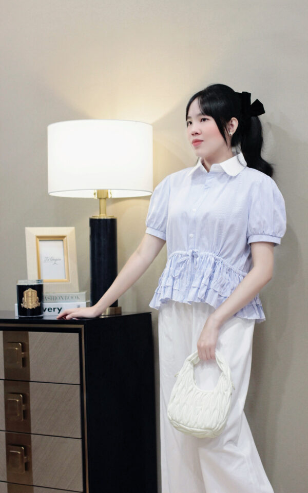 Áo Sơ Mi Kẻ Sọc Eo Rút Dây Phân Tầng Tay Ngắn Thô - Ảnh 5