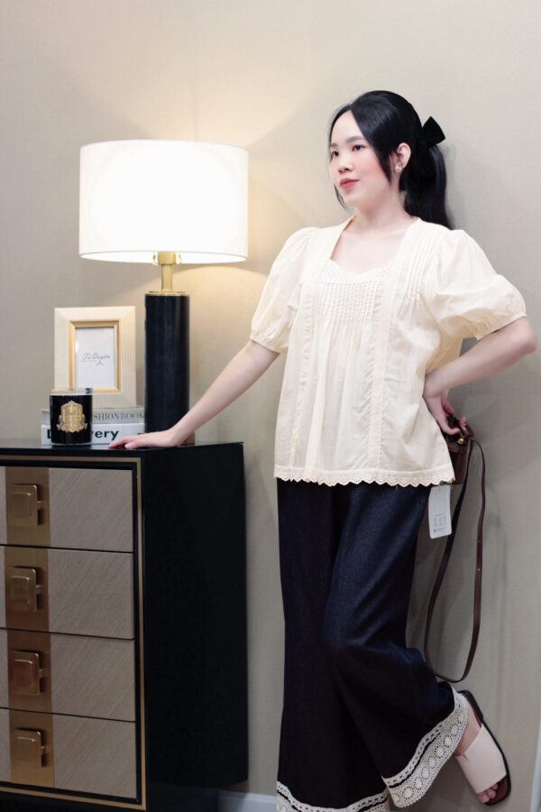 Áo Sơ Mi Nữ Cổ Vuông Viền Ren Tay Ngắn Bo Chun Thô Trơn Thanh Lịch Đi Chơi Du Lịch - Hình ảnh 6