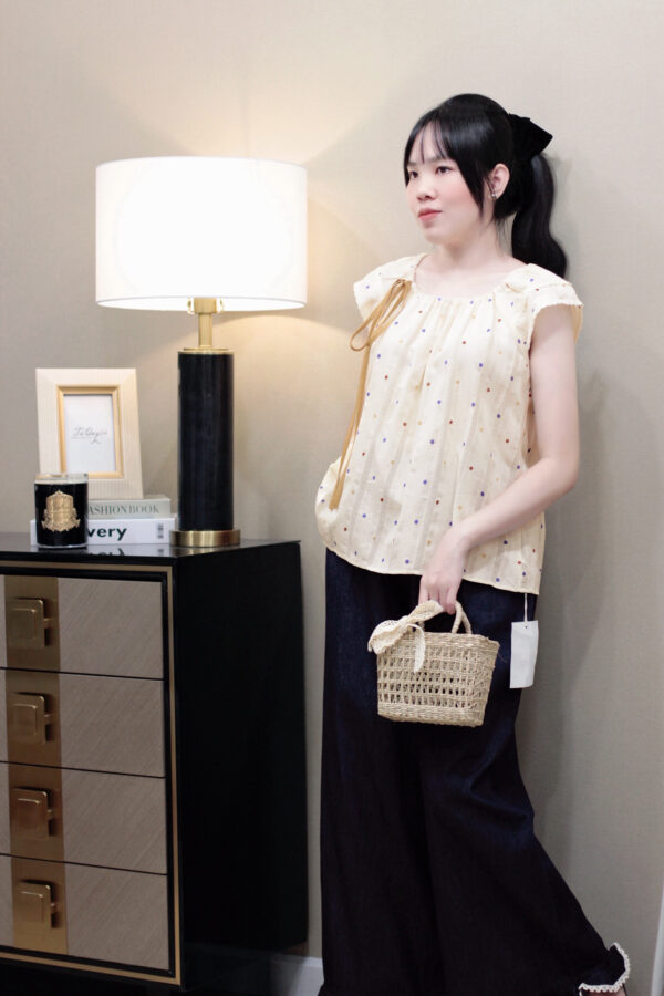 Áo Sơ Mi Nữ Cổ Thuyền Dây Rút Chấm Bi Tay Cánh Tiên Phong Cách Thời Trang Đi Chơi Du Lịch - Ảnh 6