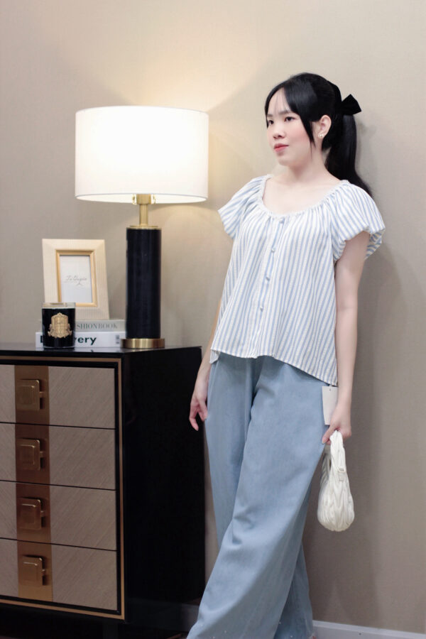 Áo Sơ Mi Cổ Tròn Kẻ Sọc Tay Bồng Họa Tiết Ren Nút Dọc - Thô, Ngắn Tay, Vừa Vặn - Daily, Đi Chơi, Đi Làm - Ảnh 4